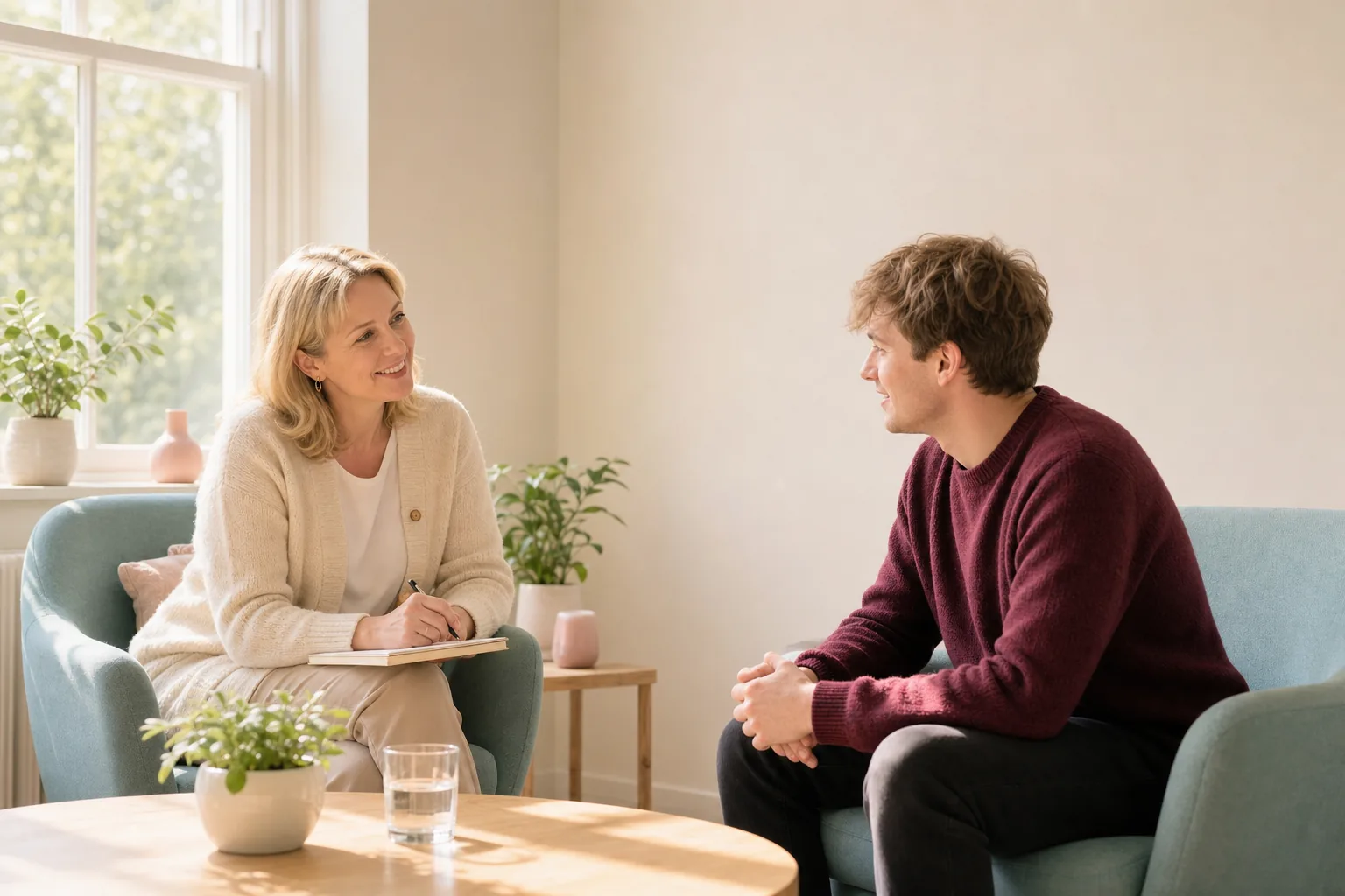 Clinician and client in conversation in a bright, calm therapy room